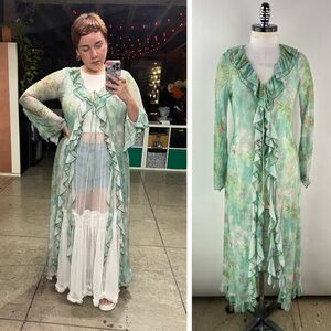 451B-GREEN. Floral Long Mesh Ruffled Cardigan